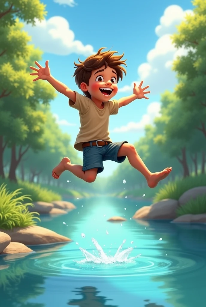 A boy jumping on a pond. 