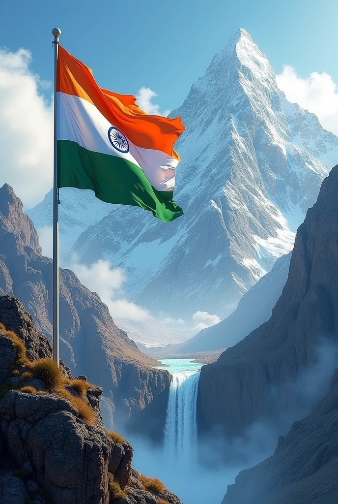 India flag in mountain with waterfall