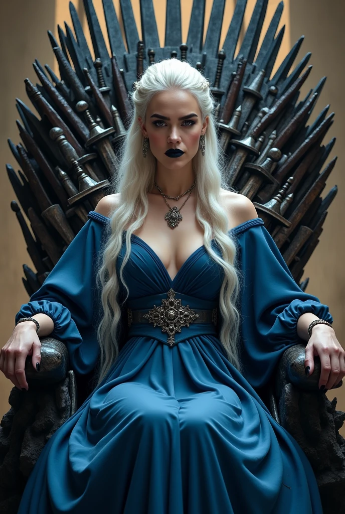 (white blonde hair),Queen daenarys targaryan from game of thrones,Queen Clothing,Holding a whip,black lipstick,(the game of thrones, mother of dragons),long hair,clear skin,Sitting on a throne made of swords,accessories,poker,Blue dress