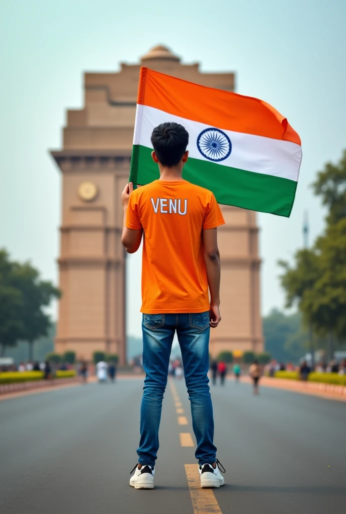 A real 20 years old boy, Wearing Orange T shirt blue jeans sneakers and the name "VENU" is written on his t-shirt and the boy is standing on the road with holding a national flag of India, and behind him is the India gate Delhi. And "Happy Independence Day 2024" written at above sky Create Realistic image high quality.