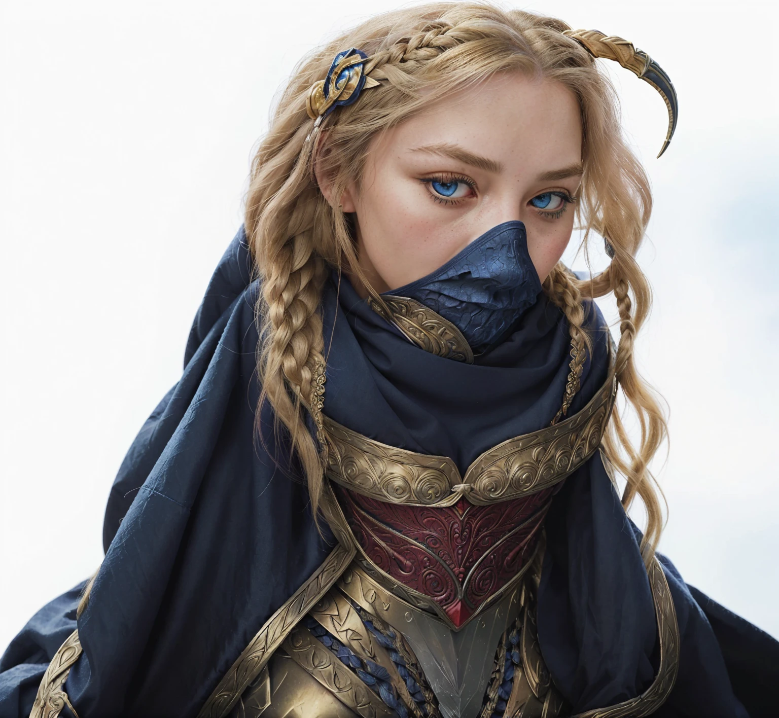 Create an illustration of a majestic mountain warrior, a woman with piercing blue eyes and long, flowing blonde hair styled in intricate braids. She wears a series of detailed armor pieces that blend both traditional and fantasy elements. Her armor is primarily in rich tones of red and gold, adorned with intricate swirling patterns that signify her high rank and formidable prowess. Around her shoulders, a heavy cloak made of dark blue fabric with crescent moon patterns drapes elegantly, adding a touch of mystique and authority. Accessories include golden armbands and a headpiece that signifies her leadership. Her expression is confident and serene, indicating her experienced and unyielding nature. In one hand, she wields a sharp, curved sword, reflecting her readiness for battle. The background suggests a high mountainous terrain, hinting at her domain and the harsh conditions she thrives in.