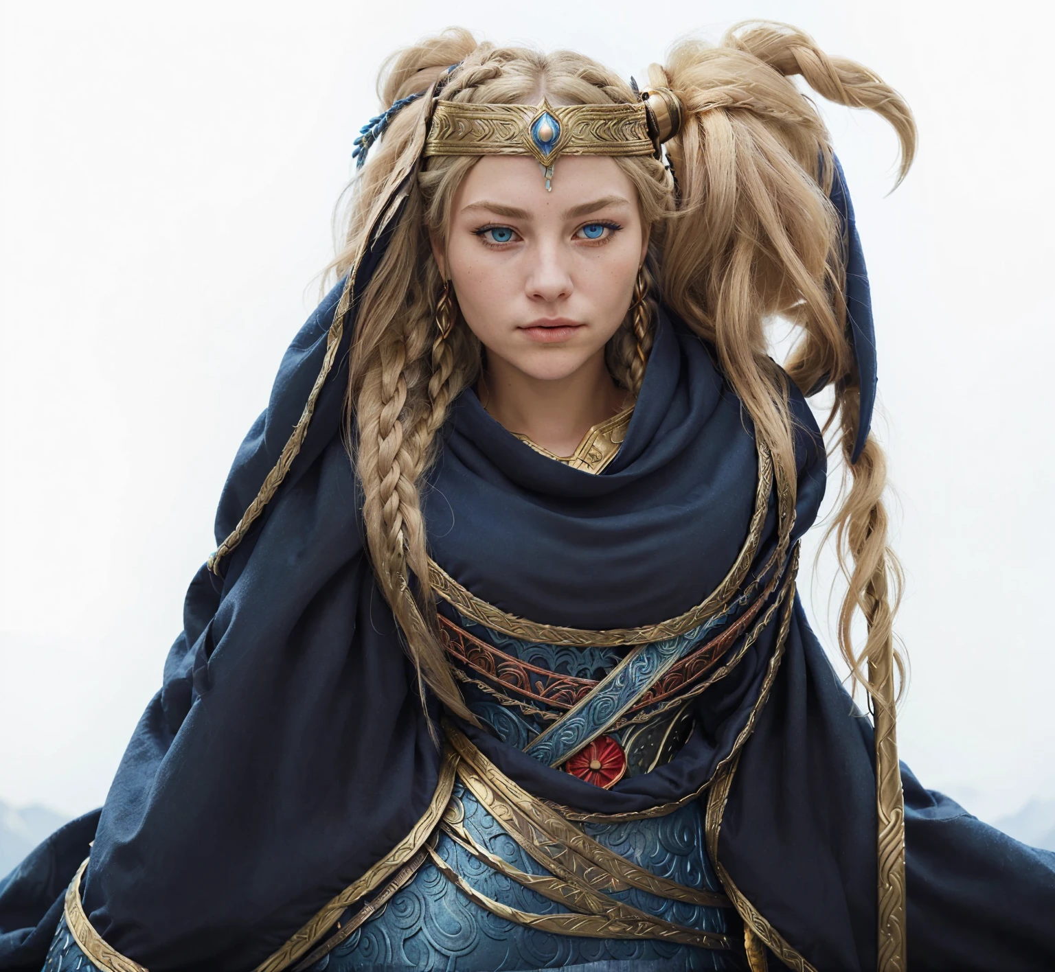 Create an illustration of a majestic mountain warrior, a woman with piercing blue eyes and long, flowing blonde hair styled in intricate braids. She wears a series of detailed armor pieces that blend both traditional and fantasy elements. Her armor is primarily in rich tones of red and gold, adorned with intricate swirling patterns that signify her high rank and formidable prowess. Around her shoulders, a heavy cloak made of dark blue fabric with crescent moon patterns drapes elegantly, adding a touch of mystique and authority. Accessories include golden armbands and a headpiece that signifies her leadership. Her expression is confident and serene, indicating her experienced and unyielding nature. In one hand, she wields a sharp, curved sword, reflecting her readiness for battle. The background suggests a high mountainous terrain, hinting at her domain and the harsh conditions she thrives in.
