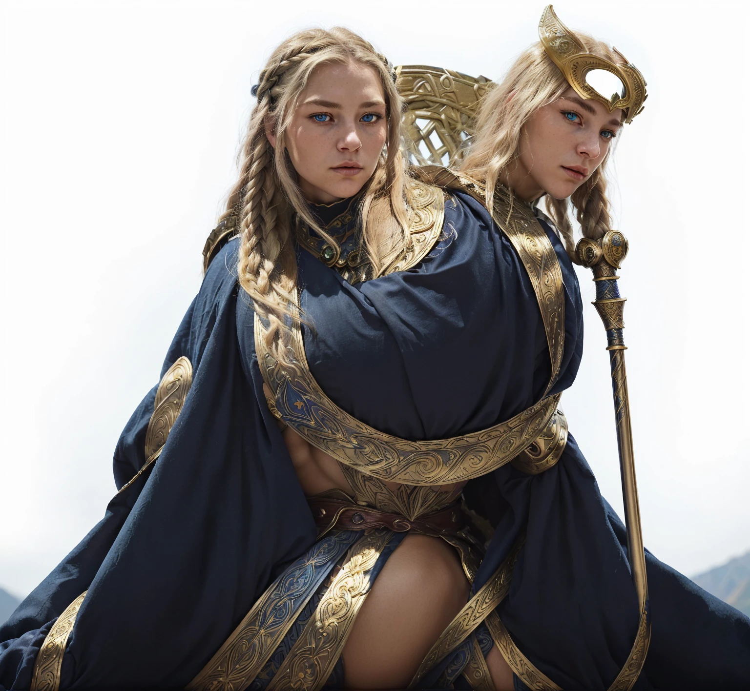 Create an illustration of a majestic mountain warrior, a woman with piercing blue eyes and long, flowing blonde hair styled in intricate braids. She wears a series of detailed armor pieces that blend both traditional and fantasy elements. Her armor is primarily in rich tones of red and gold, adorned with intricate swirling patterns that signify her high rank and formidable prowess. Around her shoulders, a heavy cloak made of dark blue fabric with crescent moon patterns drapes elegantly, adding a touch of mystique and authority. Accessories include golden armbands and a headpiece that signifies her leadership. Her expression is confident and serene, indicating her experienced and unyielding nature. In one hand, she wields a sharp, curved sword, reflecting her readiness for battle. The background suggests a high mountainous terrain, hinting at her domain and the harsh conditions she thrives in.