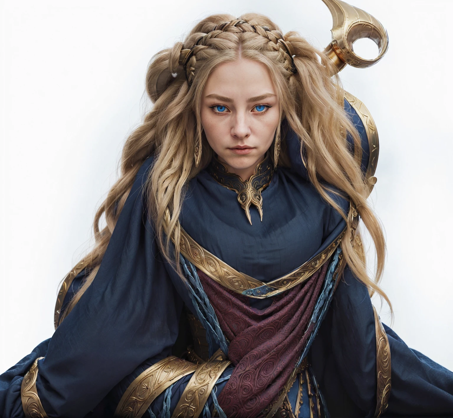 Create an illustration of a majestic mountain warrior, a woman with piercing blue eyes and long, flowing blonde hair styled in intricate braids. She wears a series of detailed armor pieces that blend both traditional and fantasy elements. Her armor is primarily in rich tones of red and gold, adorned with intricate swirling patterns that signify her high rank and formidable prowess. Around her shoulders, a heavy cloak made of dark blue fabric with crescent moon patterns drapes elegantly, adding a touch of mystique and authority. Accessories include golden armbands and a headpiece that signifies her leadership. Her expression is confident and serene, indicating her experienced and unyielding nature. In one hand, she wields a sharp, curved sword, reflecting her readiness for battle. The background suggests a high mountainous terrain, hinting at her domain and the harsh conditions she thrives in.