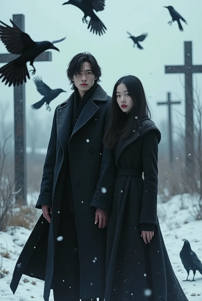 Handsome guy, in black clothes. Wide, black pants, and a long, black coat. Even and beautiful facial features, as well as dark hair. Everything is done in realism, more reality and the guy himself is real. it is winter, he is wearing a slightly warm coat. also, there are a lot of crows and snow, blockages, crosses everywhere. he stands in a beautiful pose, there is smoke everywhere. closer to the screen, black feathers of crows. crows fly  more iron crosses and the guy is closer to the screen. next to him is a girl, beautiful, with black hair and also wearing a coat. a girl of Asian appearance