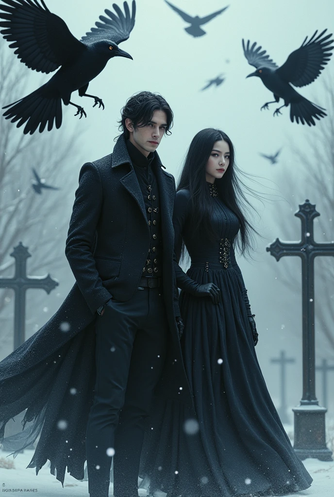 Handsome guy, in black clothes. Wide, black pants, and a long, black coat. Even and beautiful facial features, as well as dark hair. Everything is done in realism, more reality and the guy himself is real. it is winter, he is wearing a slightly warm coat. also, there are a lot of crows and snow, blockages, crosses everywhere. he stands in a beautiful pose, there is smoke everywhere. closer to the screen, black feathers of crows. crows fly  more iron crosses and the guy is closer to the screen. next to him is a girl, beautiful, with black hair and also wearing a coat. a girl of Asian appearance