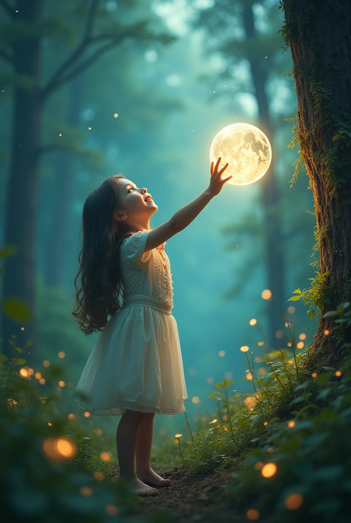 (masterpiece, best quality:1.2), girl reaching for an energy orb among tall trees in fantasy forest full of fireflies