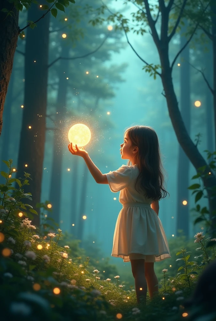 (masterpiece, best quality:1.2), girl reaching for an energy orb among tall trees in fantasy forest full of fireflies