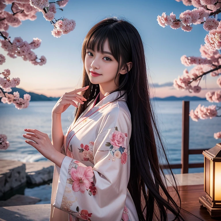 best quality, Delicate face,beautiful visual work, lifelike, eternity, black hair, Long curly hair, blunt bangs, Smile, Detailed Background, Delicate face,blush,cold,((masterpiece))、(top quality)、8k、high detail、Super detailed,31-year-old female, masterpiece、born、Scenes resembling fairy tale illustrations、intricate details和複雜的設計、Beautifully、magic、capricious、 Beautifully、Dream aesthetics、「𝓡𝓸𝓶𝓪𝓷𝓽𝓲𝓬、ethereal、charming、fickle、magic」、realism、Visual effects、FXAA、SSAO、Shader、voiceless、ambient lighting、Tone mapping、High resolution、Ultra high quality、Million pixels、(8K resolution:1.10)、8k、8k以下、8K resolution、high detail、intricate details, (high quality:1.2、masterpiece:1.2、:1.21)、(21 years old female:1.21)、(興奮地Smile)、(Surrounded by a dreamy atmosphere、Model diagram,full-body shot,Normal 2 feet,Put your hands behind you,The protrusion of the breast is visible when wearing clothes, Cherry blossoms:1.3, kimono:1.2, 白底印有Cherry blossoms的kimono