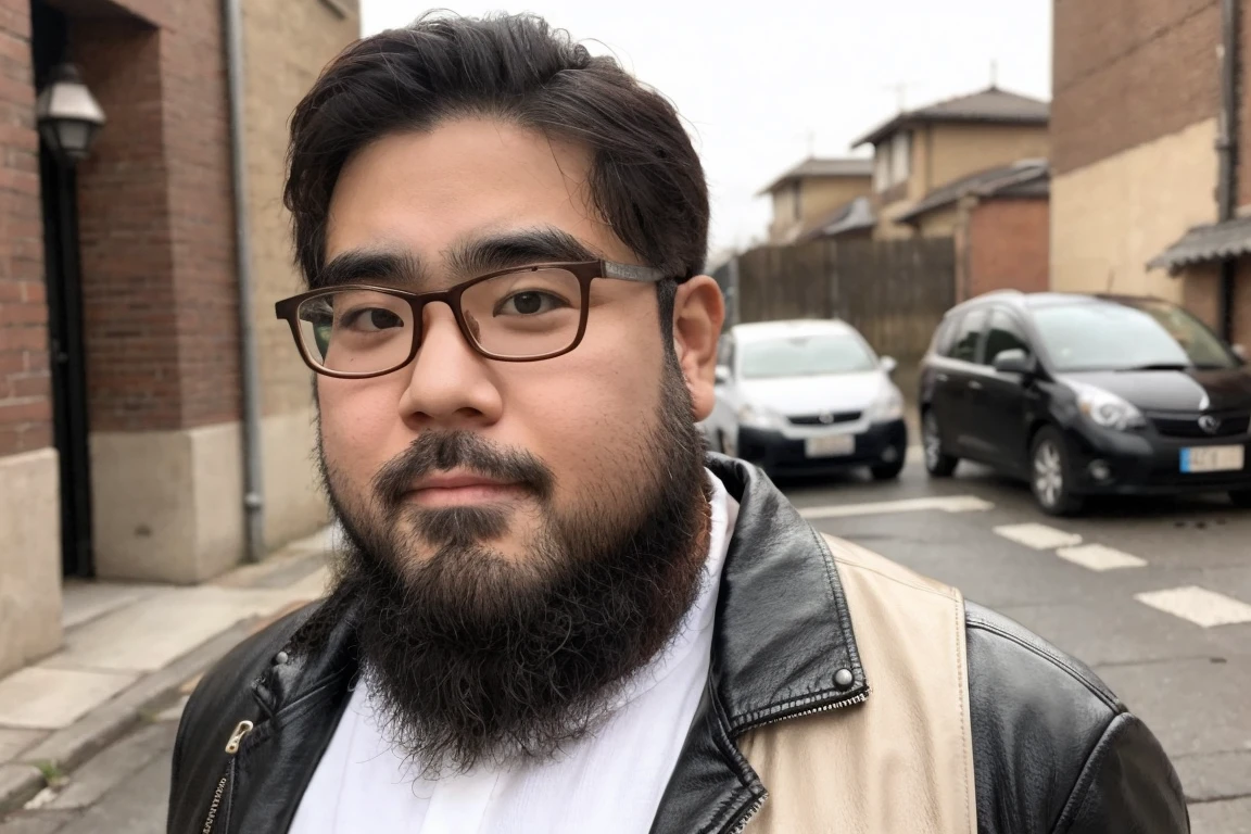 (Yossan), beard, Glasses, obesity, Black Leather Jacket, 