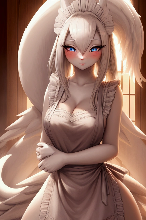 Reshiram, furry, apron set, detailed facial features, beautiful eyes, beautiful lips, long eyelashes, sexy body, blushing, hands on waist, high resolution, masterpiece, photorealistic, digital art, intricate details, dramatic lighting, warm color palette, soft shading