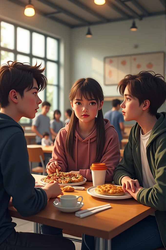 A trio( 2 boy and 1 girl) having lunch in college canteen and a bully and his gangs interfere