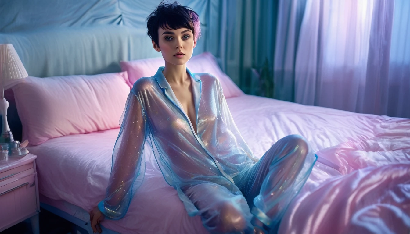 Highest quality, masterpiece, High resolution, 8k, (Realistic:1.4), whole body,  (Large see-through pajamas.:1.1), Spaceship, Bed with puffer bed linen, Dim Light, Beautiful woman, skinny, Small breasts, Asymmetrical Pixie Hair, Detailed face, Embarrassed look, To the camera, Photo taken from a distance, 20-year-old, pastel colour