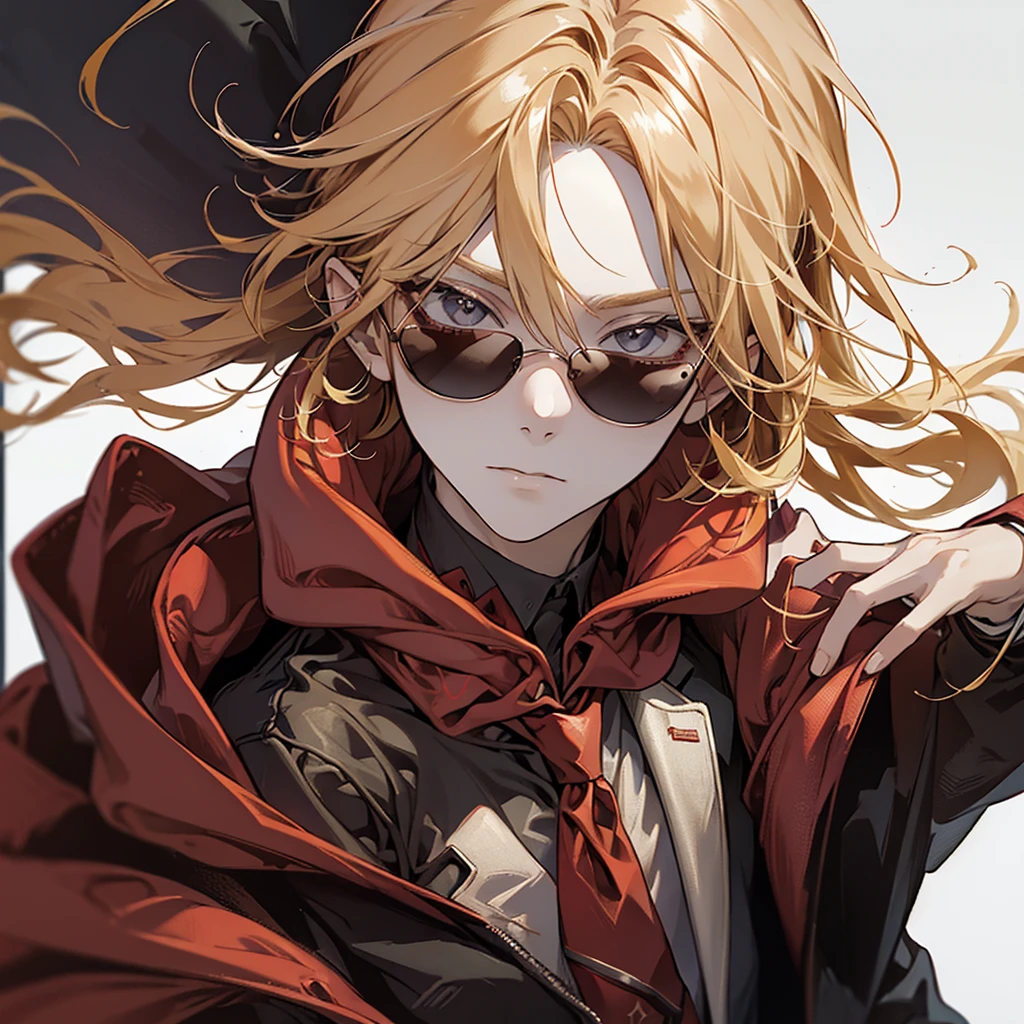 Man, red hoodie, tuxedo under hoodie, tie, blonde, cool, handsome, facing forward, red sunglasses, blonde