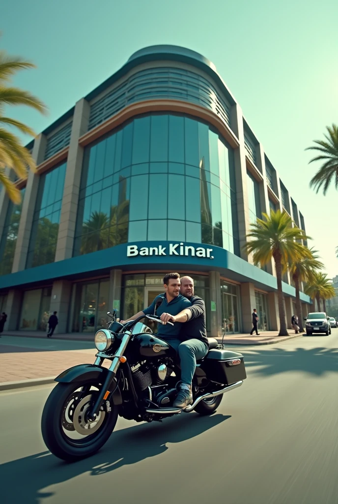 Landscape images and Angle camera wide shot from the side Theres 2 person (male) on a motorcycle who just arrived in bank building and park their motorcycle infront of it. the bank name is bank pinar