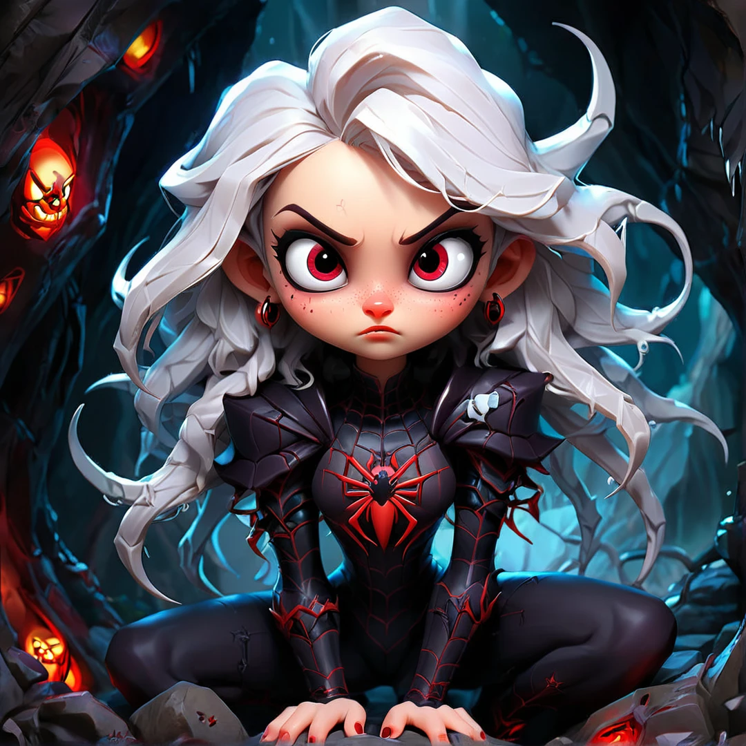 anime character with spider and spider spider in a cave, lolth, perfect drow, drow, epic fantasy art style, queen of ice and storm, arachne, on an icy throne, chibi monster girl, dark elf princess, with red glowing eyes, chibi, advanced digital chibi art, chibi art, dark goddess with six arms, epic fantasy style art