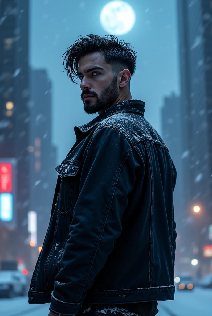 (Realistic) (Serious expression) (Pose with back to image, looking back) 1 adult man with bright violet eyes, broad shoulders, messy black hair parted in the middle and short beard. Wearing an open black denim jacket, a black shirt underneath. In a futuristic city at night with heavy snowfall and blue moonlight.