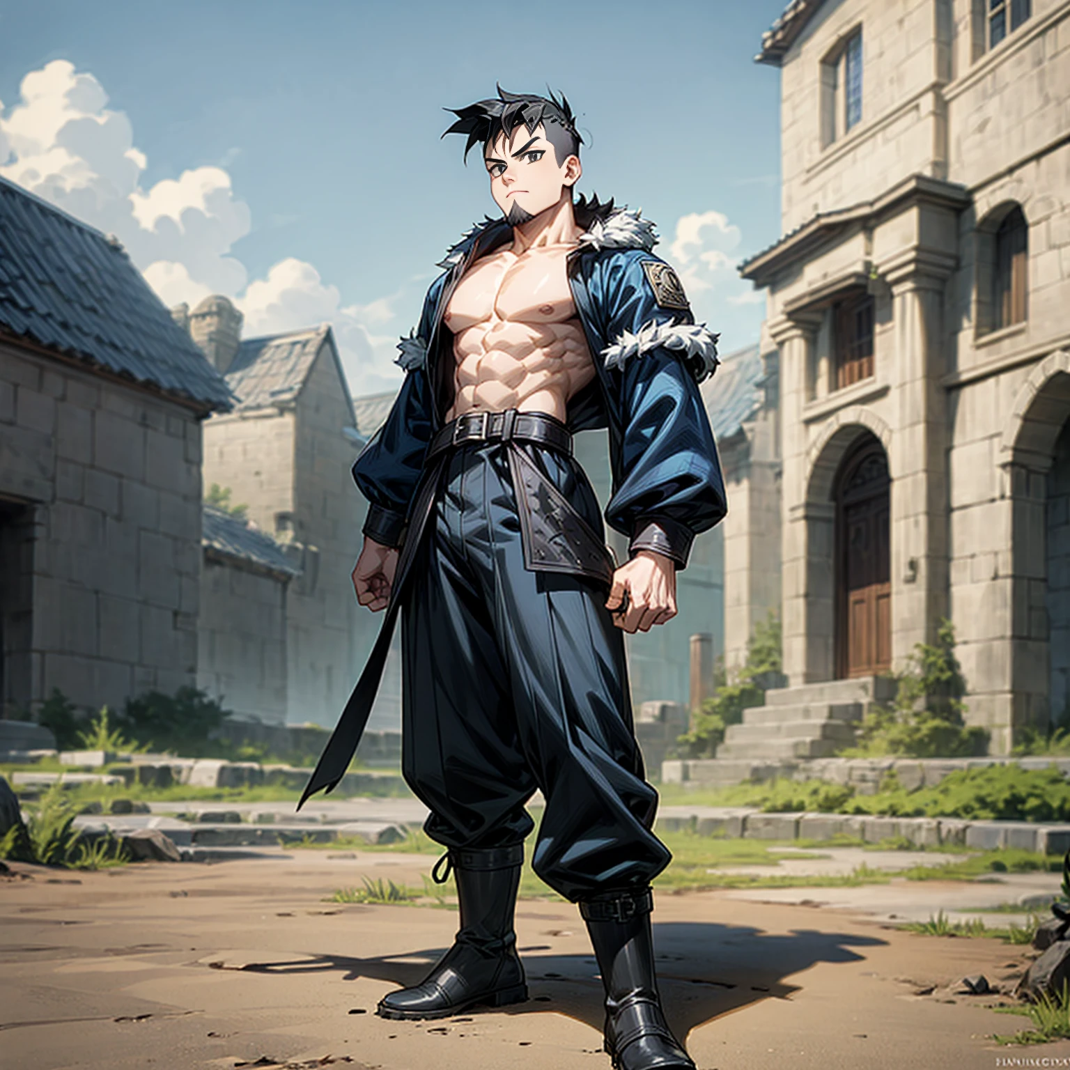 Solo character, full body version, young boy, big muscle, chin beard, black eyes, black color hair, undercut hair, topless, blue furry jacket, black formal pants, boots, belt, outdoor, village, medieval, morning, standing gesture, detailed background, detailed clothing, detailed hair, (Hunter x Hunter style art)