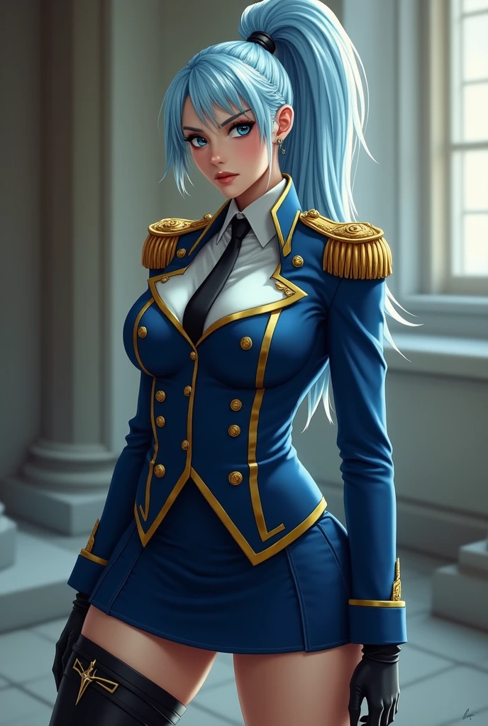 a tall woman with a slender, athletic figure. Her hair is light blue and she wears it in a high ponytail.. His eyes are a deep blue and his expression is usually cold and calculating.. He wears a military uniform consisting of a blue jacket with gold details., a short skirt, and a black tie. He also wears high boots and gloves.. His style combines elegant elements with an authoritative presence.