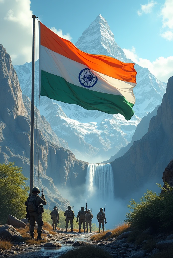 India flag in mountain with waterfall and imdian soldiers