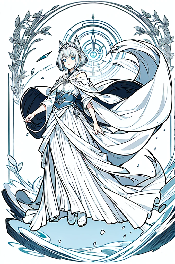 Gray and white shoulder-length short hair,Girl,Blue Eyes,Elf ears,No headdress,No cat ears,Wear a magician's robe,cloak,hood,Long skirt,Boots,full-body shot,front Photo,No background