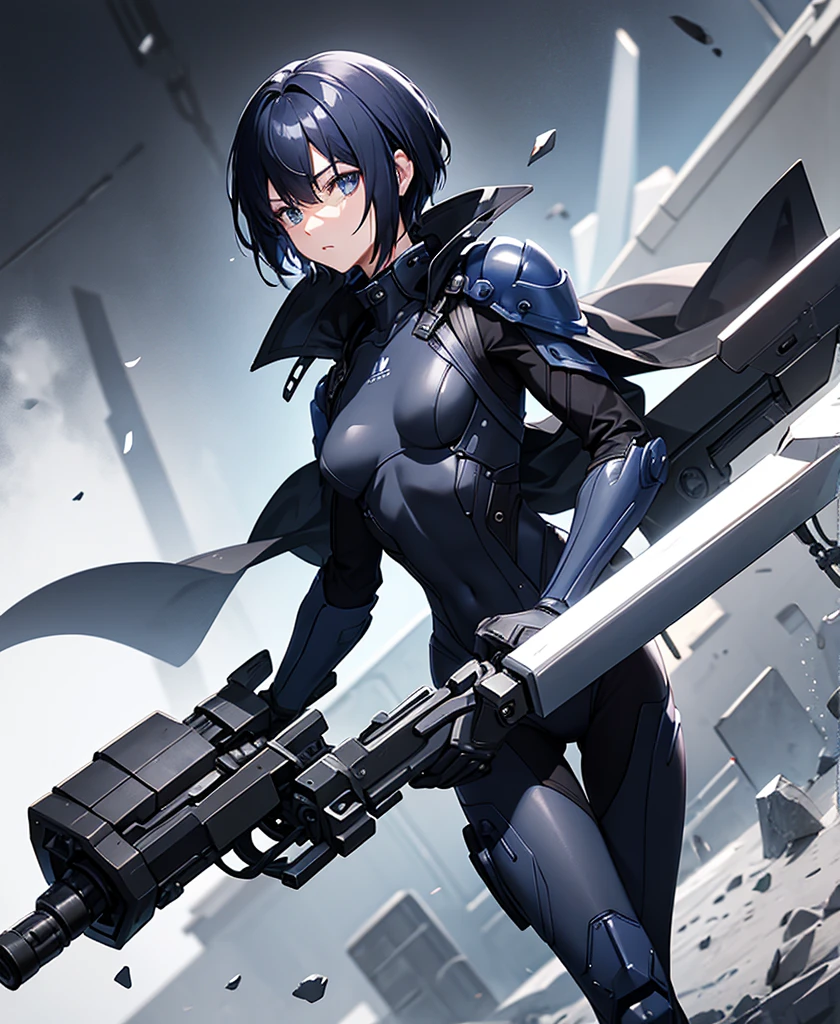 Dark blue hair,short hair,neutral,boyish,Hide one eye,thin,Also々funny Face,Powered Suit,Reinforced Suit,Black suit,mechanical,sf,Black sleeveless coat,With sword,headgear,Small breasts,Small breasts,Flat Chest,expensive,Slightly muscular,good looking,The innerwear is a bodysuit,Armament,Pilot Suit,Hard boots,armor,Carry a rifle,Chest protector,Shoulder protectors,I put on a coat,Lumbar Device,1 person