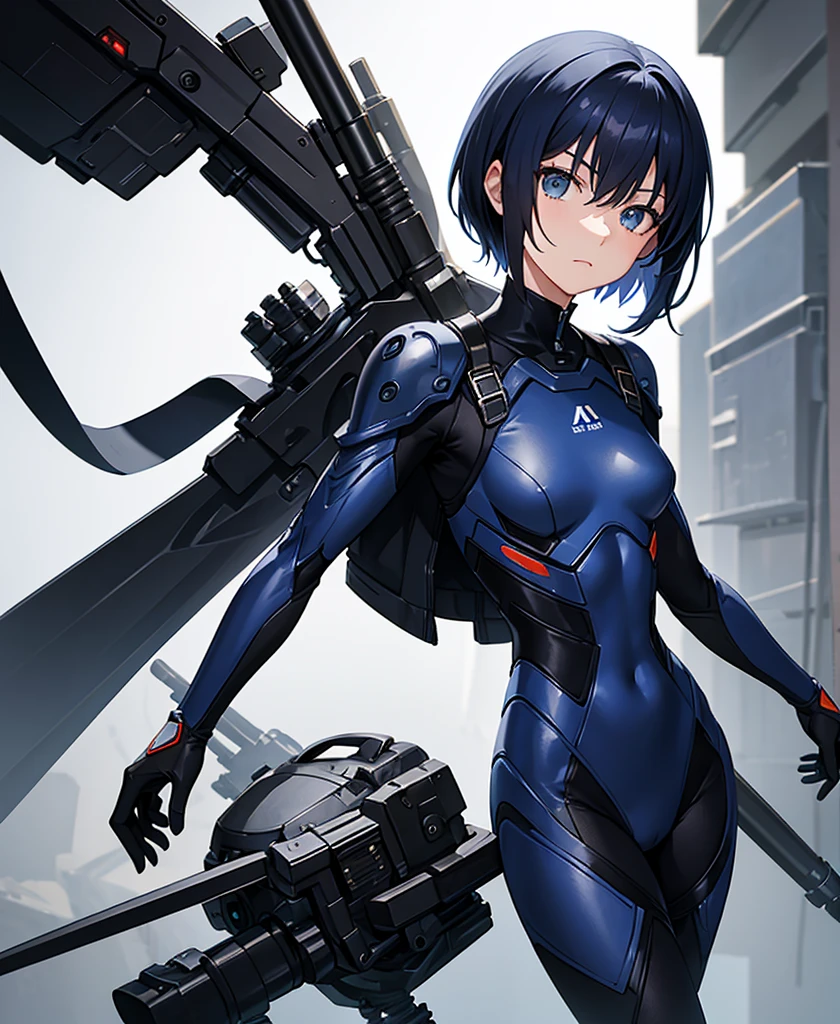 Dark blue hair，short hair，neutral，boyish，Hide one eye，thin，Also々funny Face，Powered Suit，Reinforced Suit，Black suit，mechanical，sf，Black sleeveless coat，With sword，headgear，Small breasts，Small breasts，Flat Chest，expensive，Slightly muscular，good looking，The innerwear is a bodysuit，Armament，Pilot Suit，Hard boots，armor，Carry a rifle，Chest protector，Shoulder protectors，I put on a coat，Lumbar Device，1 person