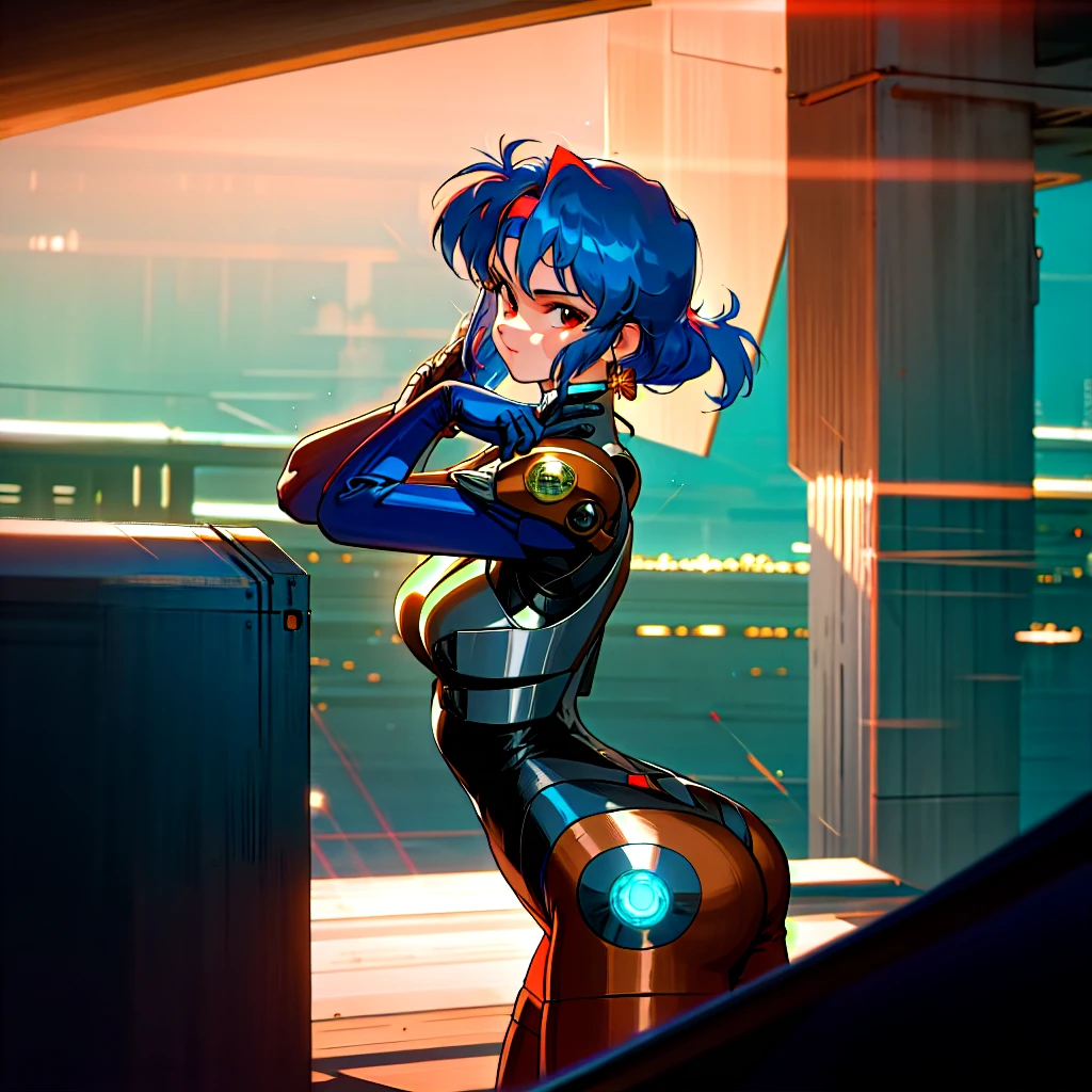 Kenichi Sonoda, retro art-style, bubblegum crisis, Sci-fi, Cyberpunk, Neon, Dystopia, (On a full moon night, on the rooftop of a high-rise building, a figure is seen wearing a metal hard suit that covers the whole body from head to toe. It is made up of curved surfaces that give it a feminine bodyline.), 1girl, solo, 18yo, anime beauty, Cool beauty, Unparalleled beauty, Brown medium length hair, red eyes, dark blue metal hard suit with orange lines, fearless look, smile, fighting stance, (attack, punching at viewer), close-up photography of upper body, Depth of field, character focus, (masterpiece, anime cg, official art, work of art, Award-winning work, extreme quality, ultra high definition, all intricate, overall detailed, finely detailed, super detailed, very aesthetic, boast pompously, focus on entire screen, asymmetrical, raytraced, caustics, textile shading, incredibly absurd resolution, absolutely resolution, ultra high resolution, professional, vivid colors, perfect anatomy, ideal facial features, beautiful detailed face, ideally proportioned figure, perfectly beautiful body),
