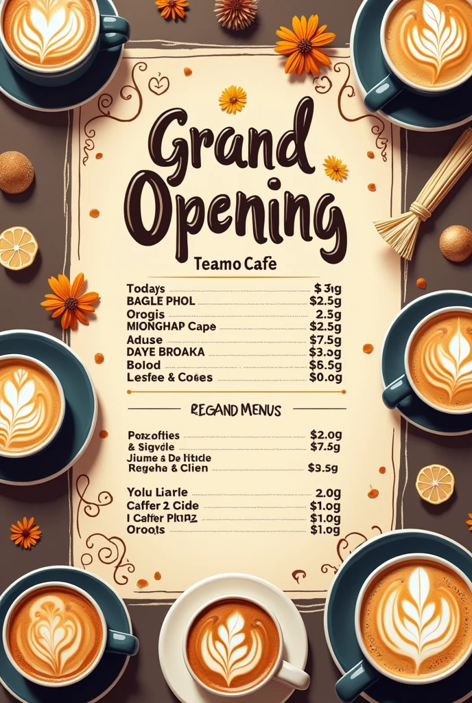 Create the hd poster Grand opening Teamo Cafe as a veriety font with Cuppuccino photos
