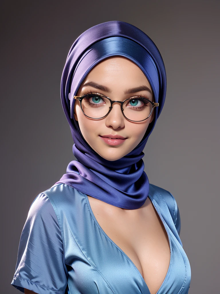 Character Design - a beautiful hijab woman character, beautifully makeup, eyeshadow, green eyes, Parted Lips, detailed eyes, beautiful big eyes,wearing glasses, long eye lashes, warm smile,. She's dresses (blue dark satin headscarf)), loosely tide hijab style, ((Taupe satin shirt)), satin long pario. (Framing:head to thigh), front views, very beautiful face, centre of city background