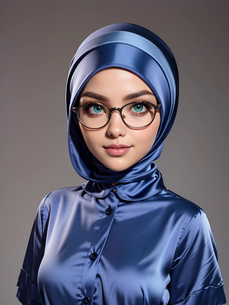 Character Design - a beautiful hijab woman character, beautifully makeup, eyeshadow, green eyes, Parted Lips, detailed eyes, beautiful big eyes,wearing glasses, long eye lashes, warm smile,. She's dresses (blue dark satin headscarf)), loosely tide hijab style, ((Taupe satin shirt)), satin long pario. (Framing:head to thigh), front views, very beautiful face, centre of city background