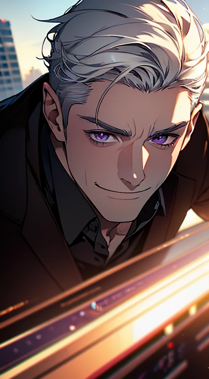 (best quality, masterpiece, 8K, photorealistic, cinematic lighting, hdr image, ultra detailed, beautiful image), 1 man, 31 years old, mature man, very handsome, (without expression, smile), short white hair, purple eyes ( penetrating gaze), perfect face without errors, imposing posture, without errors, businessman, office background