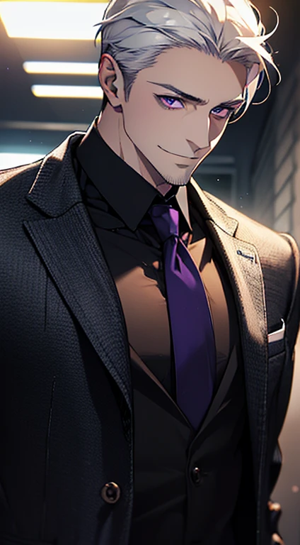 (best quality, masterpiece, 8K, photorealistic, cinematic lighting, hdr image, ultra detailed, beautiful image), 1 man, 31 years old, mature man, very handsome, (without expression, smile), short white hair, purple eyes ( penetrating gaze), perfect face without errors, imposing posture, without errors, businessman, office background