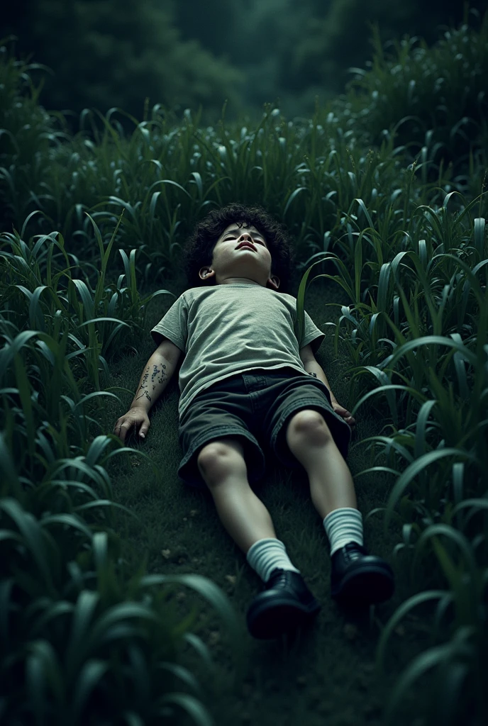 A dirty and bruised 6 year old white boy in black shoes and white socks lying face down in the grass of a forest on a very dark night. view from above. 