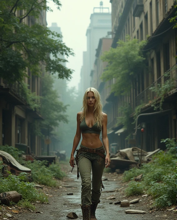 ((beautiful woman, 22 years old, a thin fit body blonde)), wearing apocalyptic clothes, Image of the city of NY NYC New York, post apocalypse the same image but without people, overgrowth foliage trees,