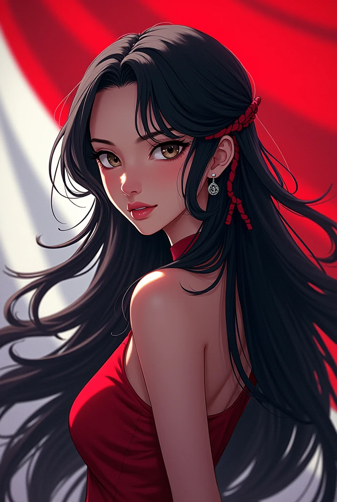 Anime Woman with long black hair with Indonesian flag rope, red and white flag background