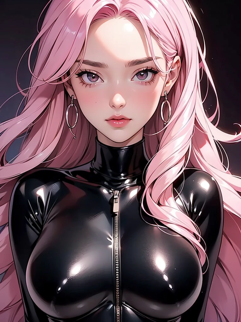 A beautiful woman. black latex suit, pink hair, huge boobs, Look at the camera.close up, face