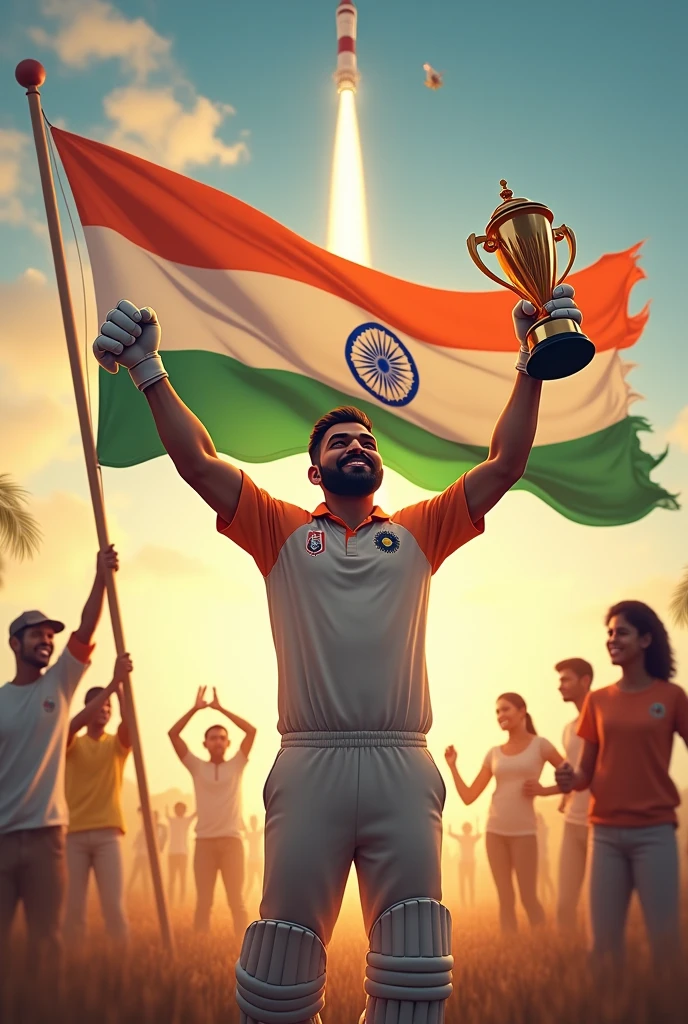 Indian independence day 2024 with Rohit sharma holding world cup 2024, chnadrayan 3, ram mandir added on Indian national flag