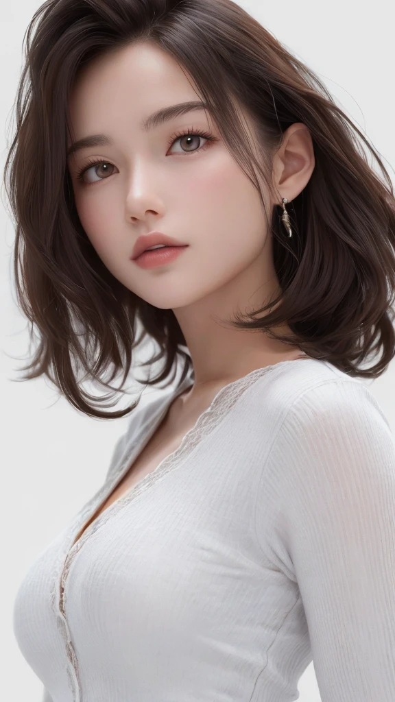 8K Ultra HD、RAWphoto、モデルphoto撮影、 European shoelaces、(masterpiece、best quality、Practical、high resolution、photo:1.3)、closure、focus on、Popular Models、Slim、30 years old adult、Small face、No makeup、short hair、Beautiful dark brown haine eyes、realスキン、(Perfect body)、Sexy hot face、、Sexual Vision、Slim、shirt、Long sleeve、Hide your breasts、Beautiful eyes in every detail、Glossy lips、Small Breasts、Small Breasts、Bust B cup、((Bright Light、Dynamic Lighting、real、超real、 realism、realなディテール、Cruel beauty、Cool pose、Background white、Pure white background,
