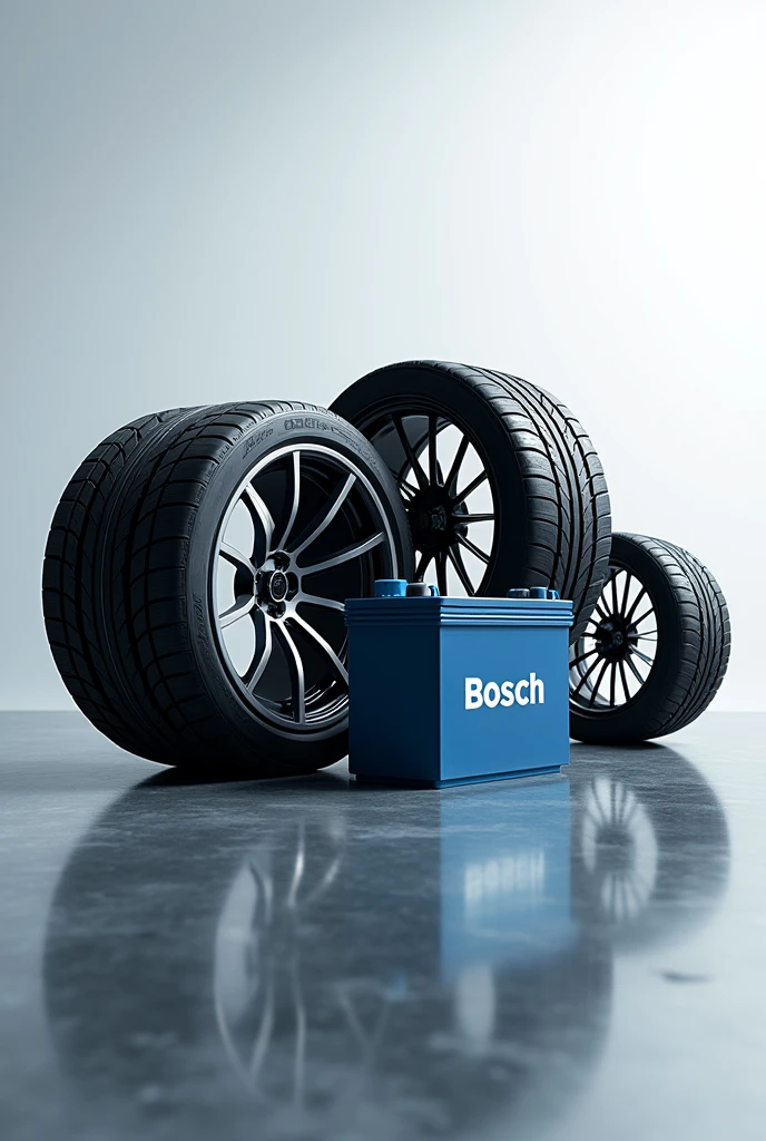 Create a striking image of Bosch and Panazonic brand batteries and automotive sports tires