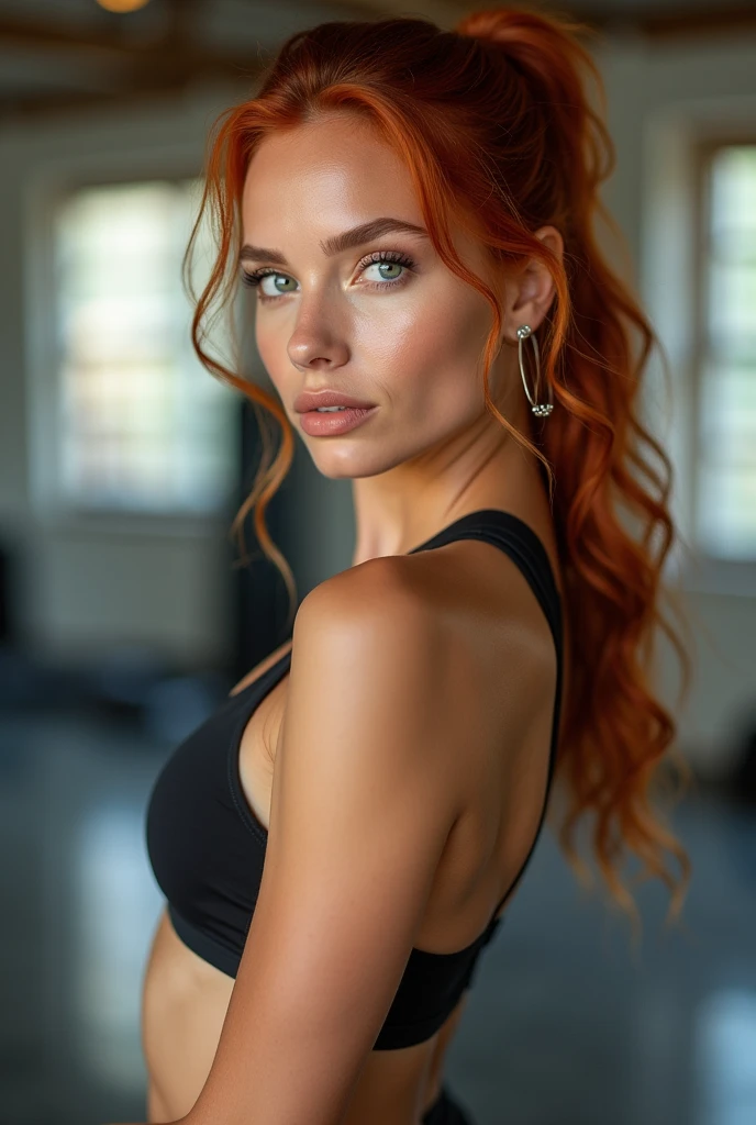 (Realistic photo of a beautiful woman, full body picture, 35 years old, grey eyes, full full lips, red hair, pony tail, curls, big boobs, tanned skin, jewellery, realistic, soft lighting, professional photography, photorealistic, detailed, RAW, sharp focus, ultra-high resolution, best quality, masterpiece, (best quality, high-resolution, ultra-detailed:1. 2), HDR, bright colours, sexy, earrings, gym, workout, yoga, legs, stretching, pony tail