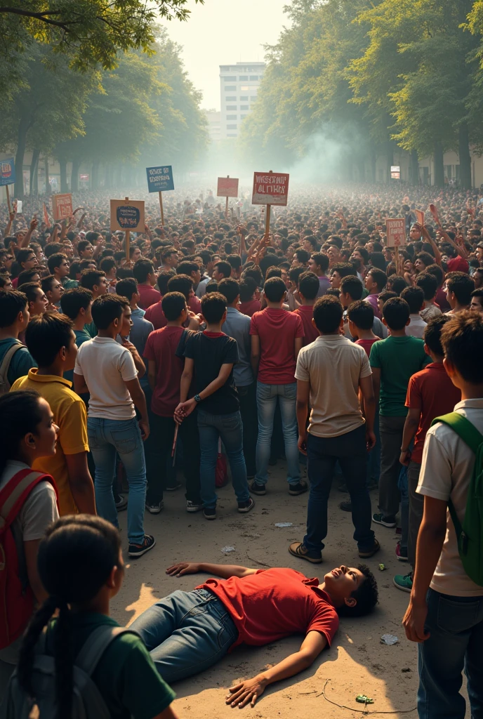 An evocative scene from the Quota Reform Movement in Bangladesh. The image showcases a large gathering of students protesting on a university campus, holding signs and chanting slogans for reform. The atmosphere is charged with tension, as a line of riot police stands opposite the protesters. In the midst of the crowd, a young student lies lifeless on the ground, surrounded by distraught peers. The background shows a mix of anger and sorrow on the faces of the students, with tear gas canisters and smoke in the air, symbolizing the violent clash that has occurred. The overall mood is one of struggle, sacrifice, and the fight for justice.