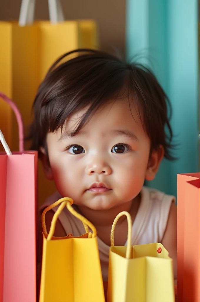 Create an image of a white baby with light brown eyes, slanted eyes. medium light brown hair with a background with bags in the intuition of calling to buy products from shopee. image for Instagram profile