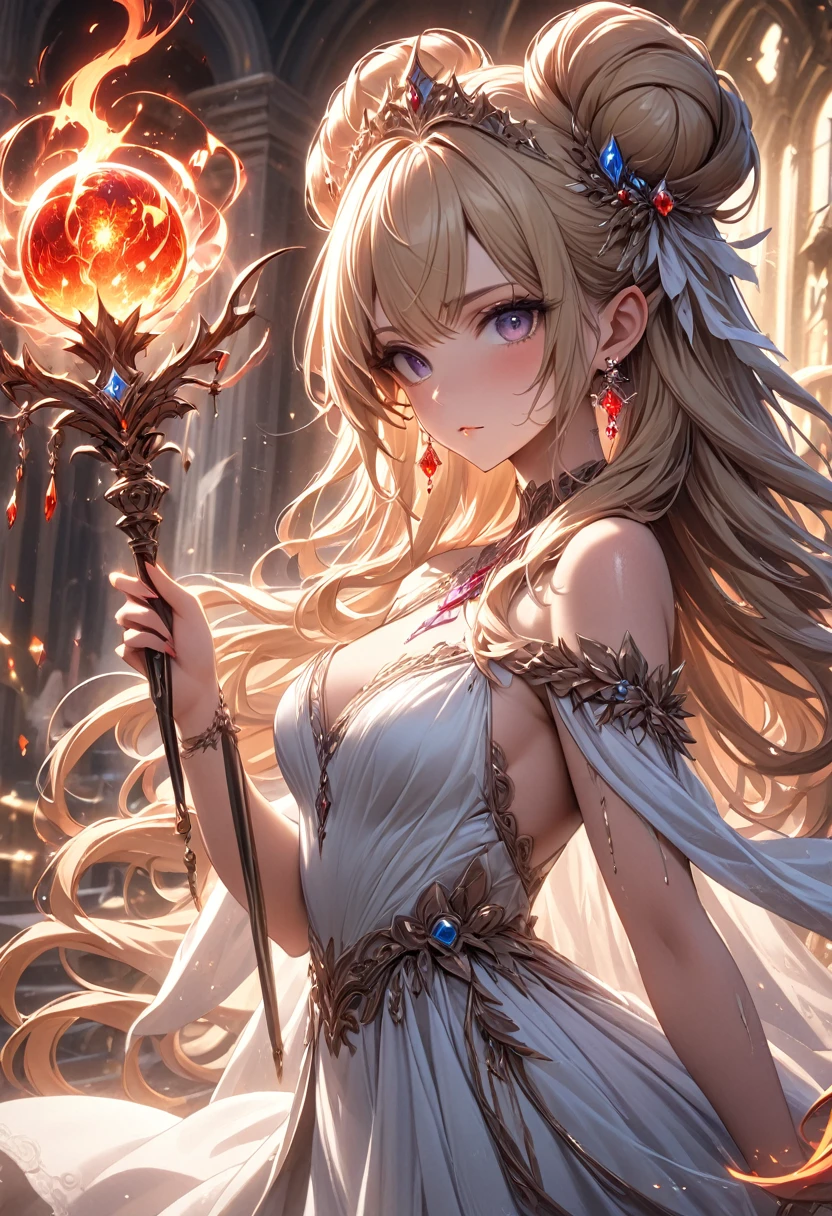 ((masterpiece)), (Textured Skin), ((High Detail)), best quality, The award-winning, 8K, Beautiful woman, Silk dress, noble, Princess, Queen, Blonde, Half bun, Hair flap, jewelled headdress, Crystal Earrings, S((best quality)), 1 Girl, Succubus，Holding a magic wand，Thunder and Lightning，（electrical arcs），electrical arcs，（lightning），（flame），（Fireball）