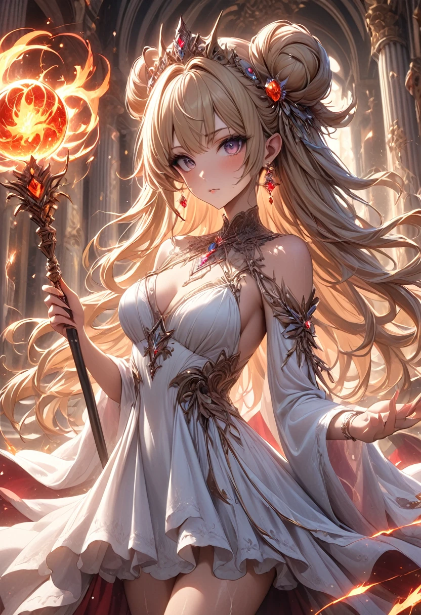 ((masterpiece)), (Textured Skin), ((High Detail)), best quality, The award-winning, 8K, Beautiful woman, Silk dress, noble, Princess, Queen, Blonde, Half bun, Hair flap, jewelled headdress, Crystal Earrings, S((best quality)), 1 Girl, Succubus,Holding a magic wand,Thunder and Lightning,(electrical arcs),electrical arcs,(lightning),(flame),(Fireball)