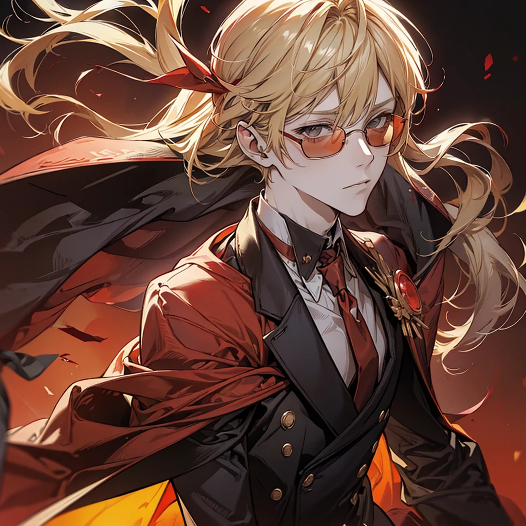 Man, red hoodie, tuxedo under hoodie, tie, blonde, cool, handsome, facing forward, red sunglasses, blonde
