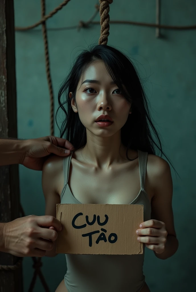 man tightening rope noose around vietnamese woman neck, latex pvc , 23-year-old woman, holding a card board say " Cuu Tao", man putting rope around woman's neck, womanserious expression, woman empty expression, wide-eyed, scared, execution by hanging, gallows
