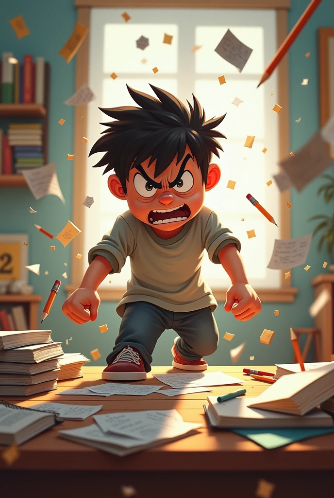A boy throwing things from his table with angry
