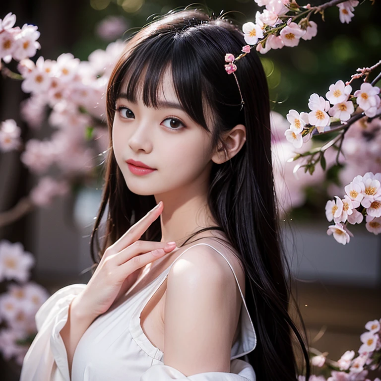 best quality, Delicate face，beautiful visual work, lifelike, eternity, black hair, Long curly hair, blunt bangs, Smile, Detailed Background, Delicate face，blush，cold，((masterpiece))、(top quality)、8k、high detail、Super detailed，31-year-old female， masterpiece、born、Scenes resembling fairy tale illustrations、intricate details和複雜的設計、Beautifully、magic、capricious、 Beautifully、Dream aesthetics、「𝓡𝓸𝓶𝓪𝓷𝓽𝓲𝓬、ethereal、charming、fickle、magic」、realism、Visual effects、FXAA、SSAO、Shader、voiceless、ambient lighting、Tone mapping、High resolution、Ultra high quality、Million pixels、(8K resolution:1.10)、8k、8k以下、8K resolution、high detail、intricate details， (high quality:1.2、masterpiece:1.2、:1.21)、(21 years old female:1.21)、(興奮地Smile)、(Surrounded by a dreamy atmosphere、Model diagram，full-body shot，Normal 2 feet，Put your hands behind you，The protrusion of the breast is visible when wearing clothes, Cherry blossoms:1.3, kimono:1.2, 白底印有Cherry blossoms的kimono