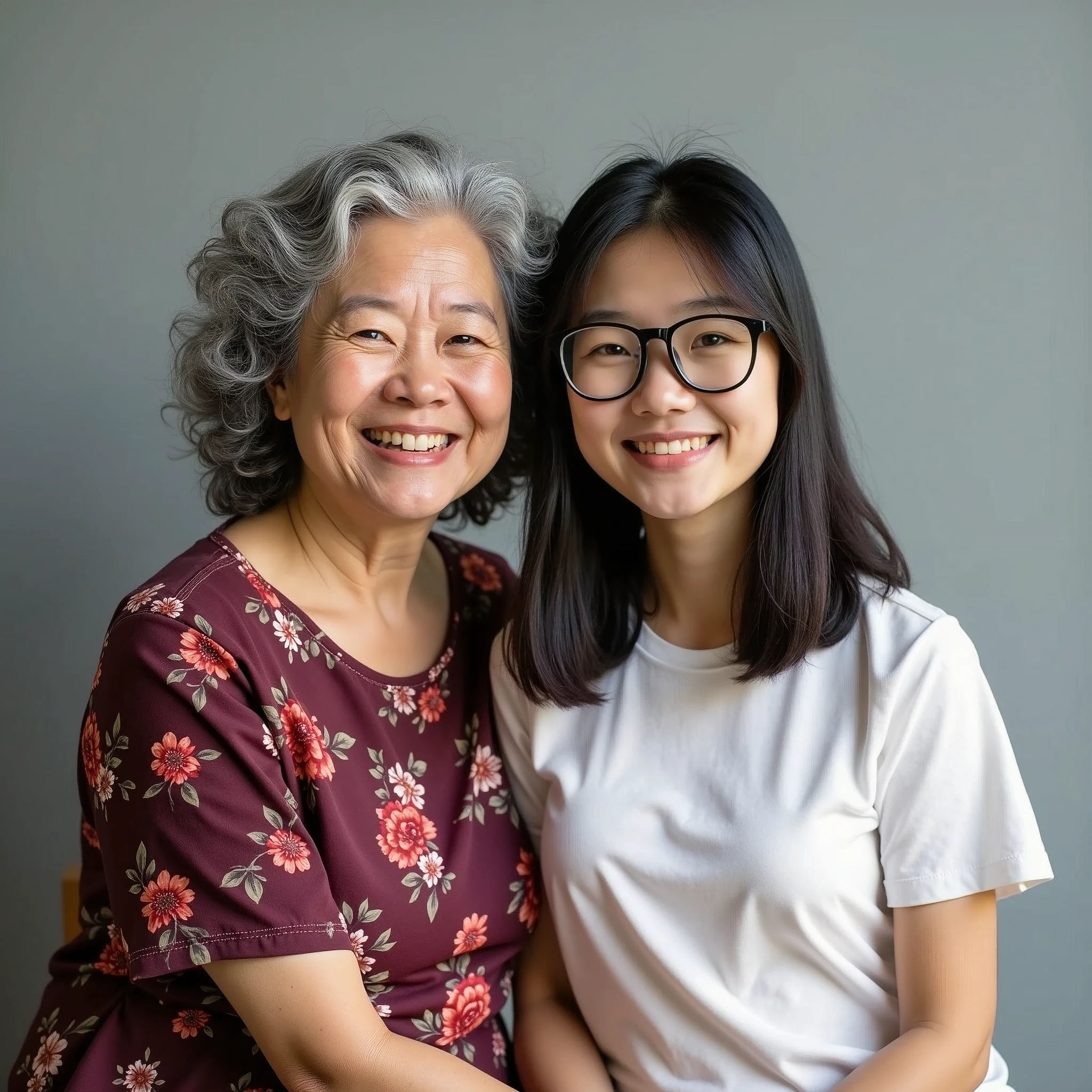 photorealisic portrait taken at studio, family photo shows a lady of 50-yo, together with her granddaughter of age 16, asian female, both sitting close. they are having different figures: "the lady has round face, nice  smile, medium-grey short curly hair, wearing burgundy-red floral pattern causal dress"; "the young granddaughter is age of 16, is a post-secondary school student , wears white t-shirt casual wear, one length black hair, wear black-framed glasses", in flat grey background  